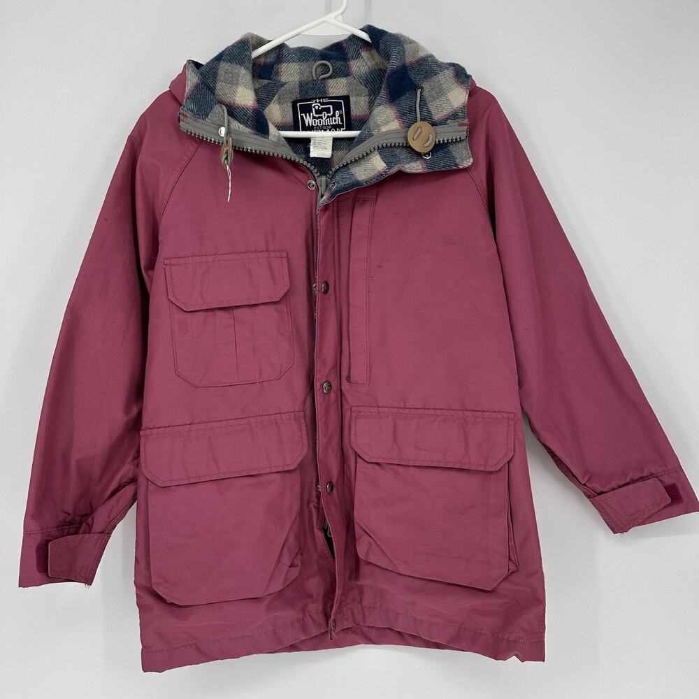 Vintage Woolrich Jacket Womens Small Plaid Wool Lined Hooded Parka Made USA 90s